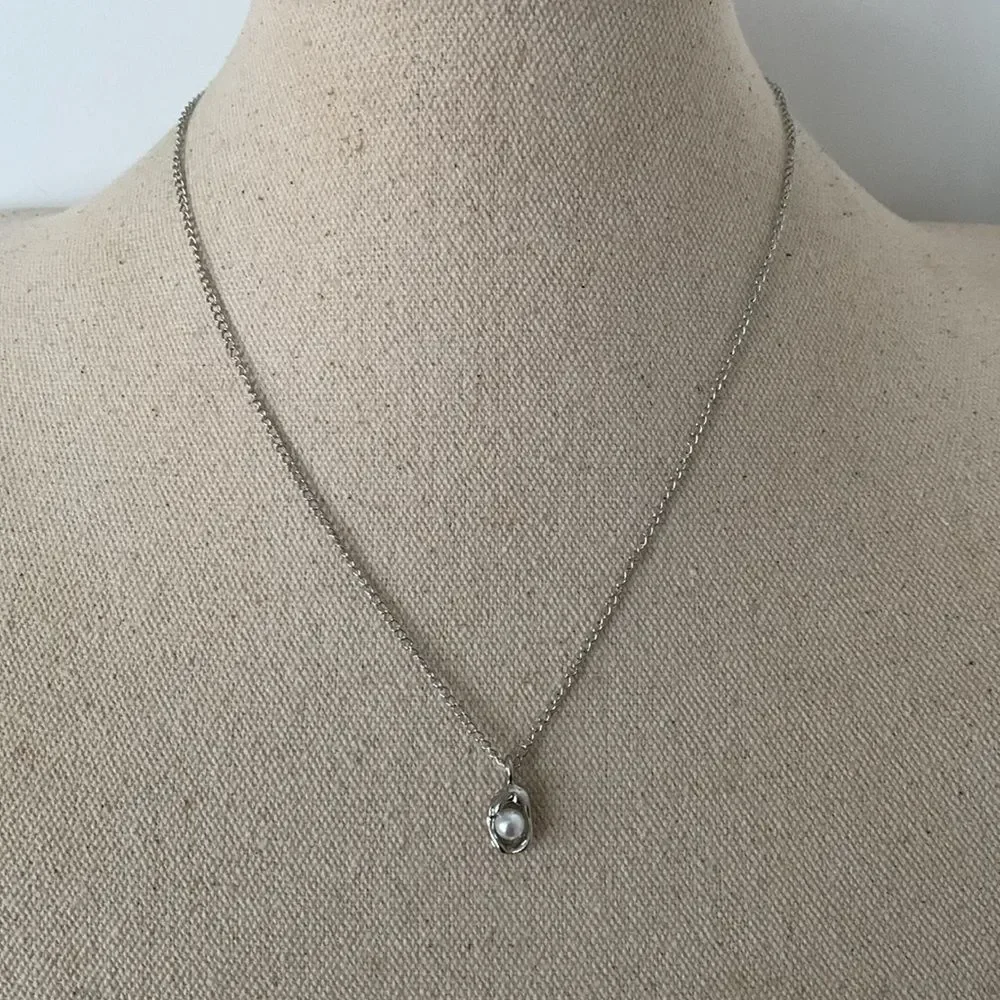 Whimsical Egg in a Nest Pendant Necklace - Silver Tone with Faux Pearl